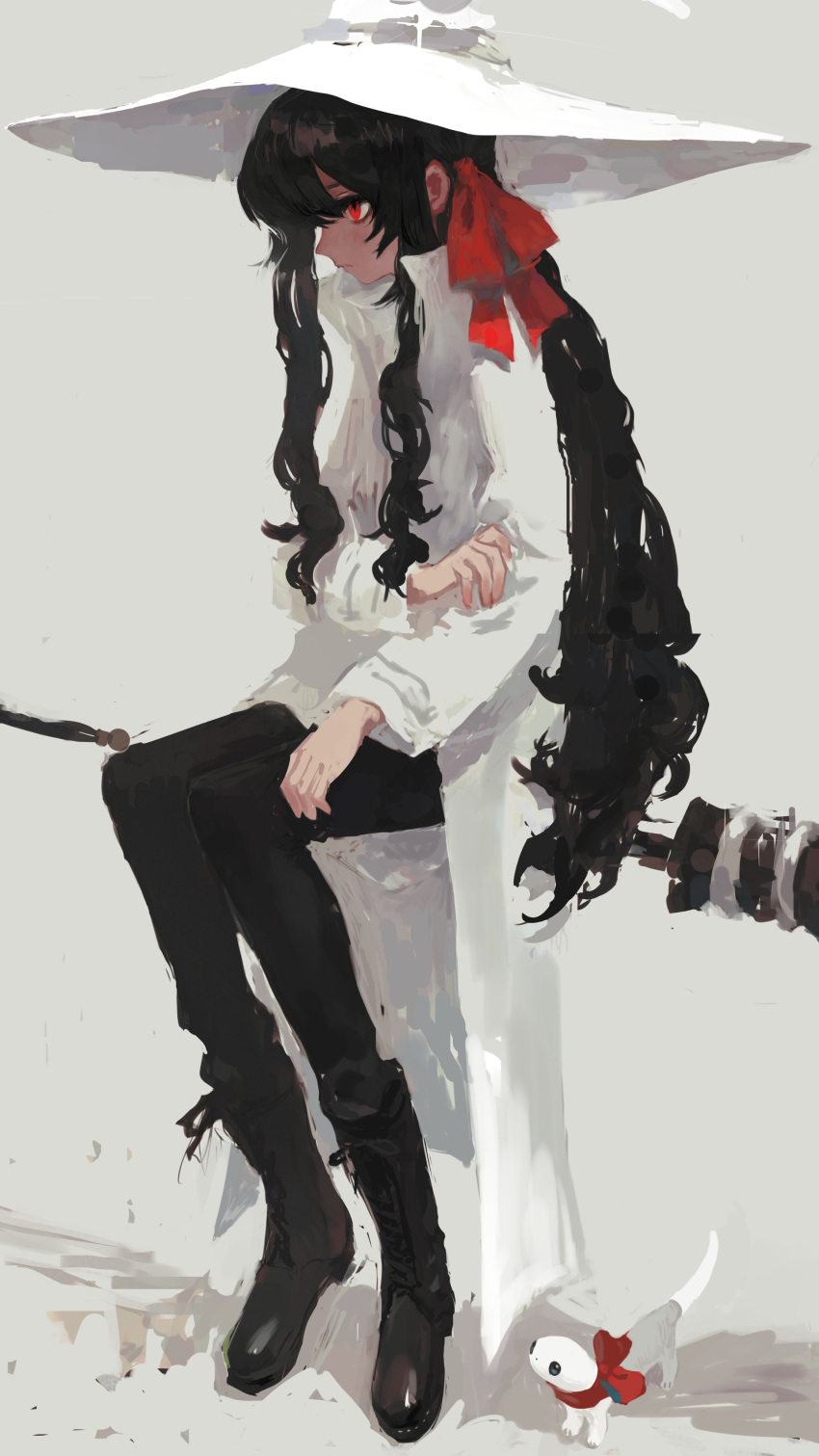 1girl absurdres black_footwear black_hair black_pants boots broom broom_riding creature full_body gregor_(tsurunoka) hair_ribbon hat highres lead_white_(tsurunoka) long_hair long_sleeves original pants profile red_eyes red_ribbon ribbon shirt sitting tsumetai_(tsurunoka) very_long_hair white_headwear white_shirt witch_hat