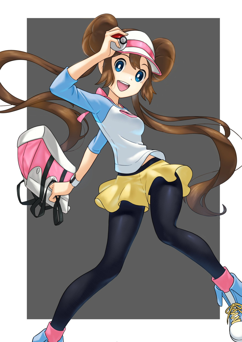 1girl :d black_pantyhose blue_eyes border bow bright_pupils brown_hair commentary_request double_bun doughnut_hair_bun grey_background hair_bun happy highres holding holding_poke_ball ia_(ilwmael9) legs_apart legwear_under_shorts long_hair looking_at_viewer open_mouth pantyhose pink_bow poke_ball poke_ball_(basic) pokemon pokemon_(game) pokemon_bw2 raglan_sleeves rosa_(pokemon) short_shorts shorts smile solo teeth tongue twintails upper_teeth visor_cap white_border white_headwear white_pupils yellow_shorts