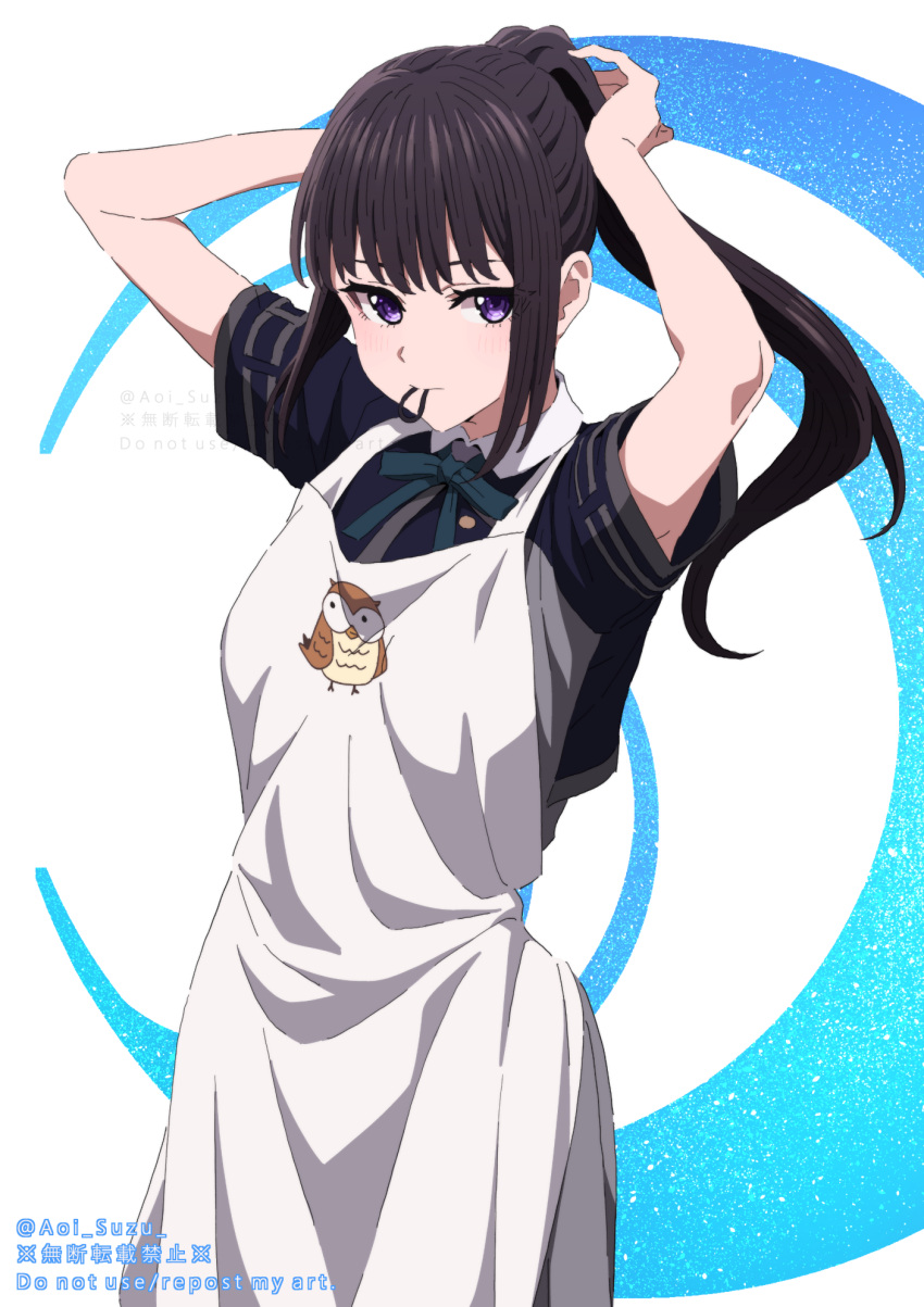 1girl aoi_suzu apron arms_up bangs black_hair closed_mouth collared_shirt commentary_request dress green_ribbon grey_dress hair_tie_in_mouth highres inoue_takina long_hair lycoris_recoil lycoris_uniform mouth_hold neck_ribbon official_alternate_hairstyle ponytail ribbon school_uniform shirt short_dress solo two-tone_dress tying_hair violet_eyes white_apron white_shirt