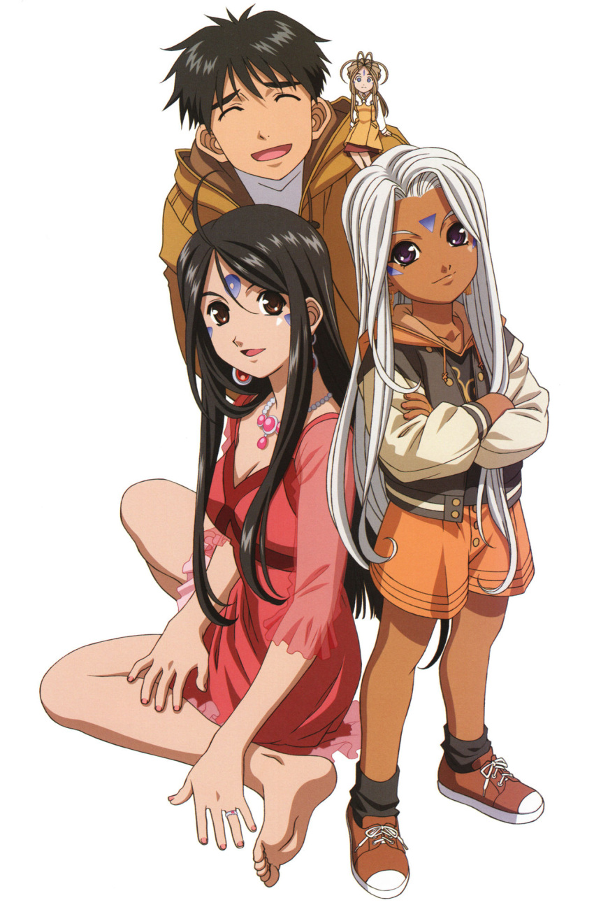 1boy 3girls aa_megami-sama age_progression age_regression ahoge antenna_hair barefoot behind_another belldandy black_hair brown_eyes brown_hair chibi cleavage closed_eyes dark-skinned_female dress earrings facial_markings feet female female_child forehead_mark jacket lace-up_boots laughing male medium_breasts minigirl morisato_keiichi necklace open_mouth red_dress shirt shoes short_hair shorts sisters sitting sitting_on_person skuld smiling sneakers socks standing urd violet_eyes white_hair