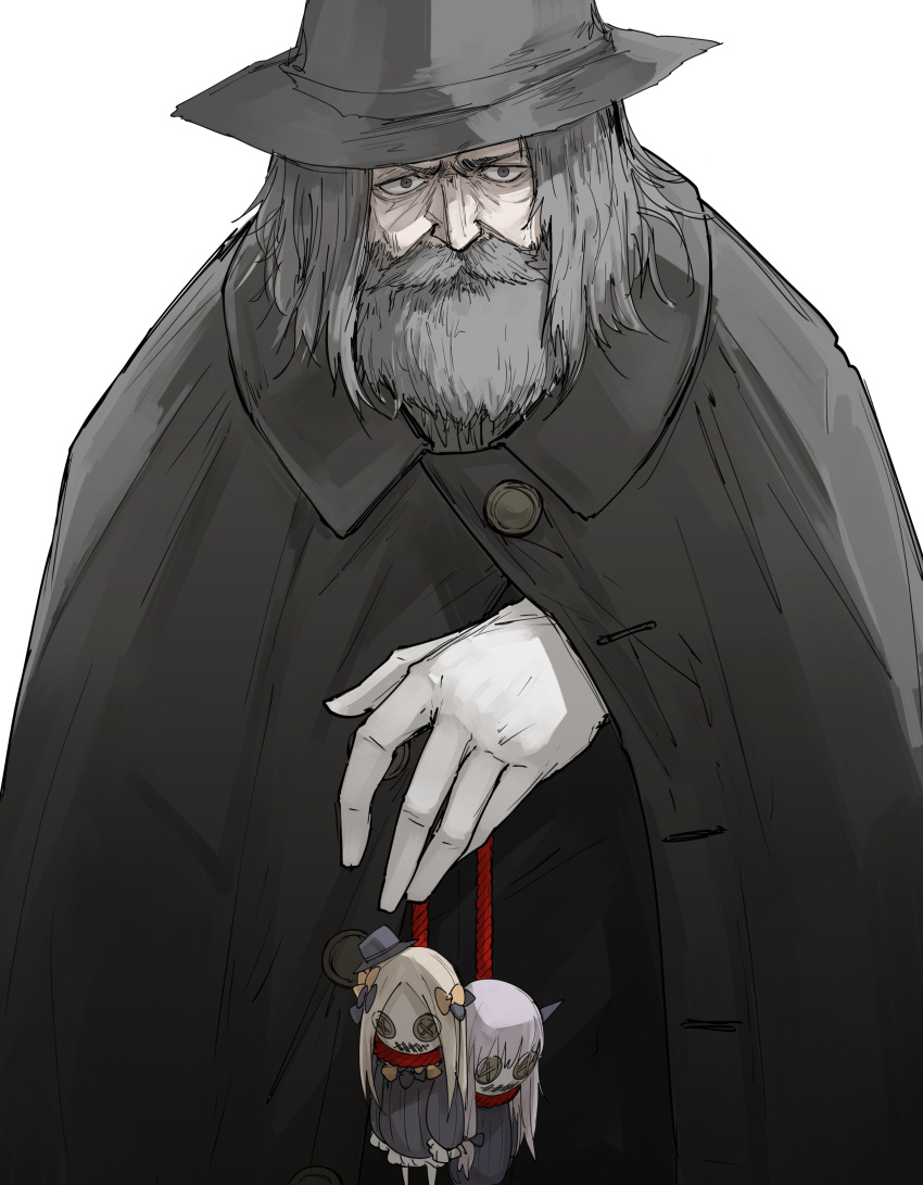 1boy abigail_williams_(fate) absurdres beard black_cape black_headwear button_eyes cape character_doll character_request facial_hair fate/grand_order fate_(series) grey_hair hat highres kankan33333 lavinia_whateley_(fate) looking_at_viewer male_focus old old_man pale_skin rope simple_background solo white_background