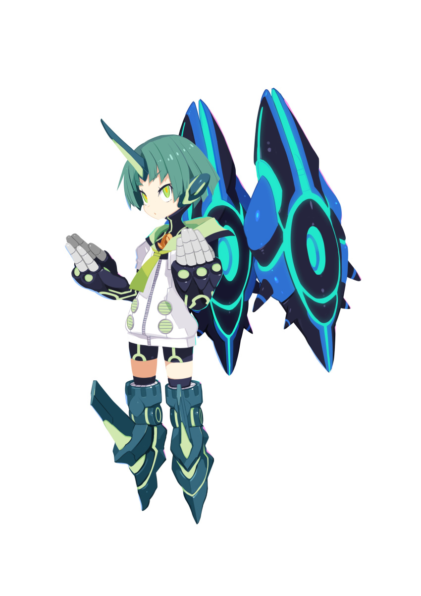 1girl absurdres bike_shorts bright_pupils detached_wings disgaea full_body green_eyes green_hair harada_takehito highres horns joints large_hands makai_senki_disgaea_7 official_art photoshop_(medium) robot_joints short_hair simple_background single_horn solo white_background wings