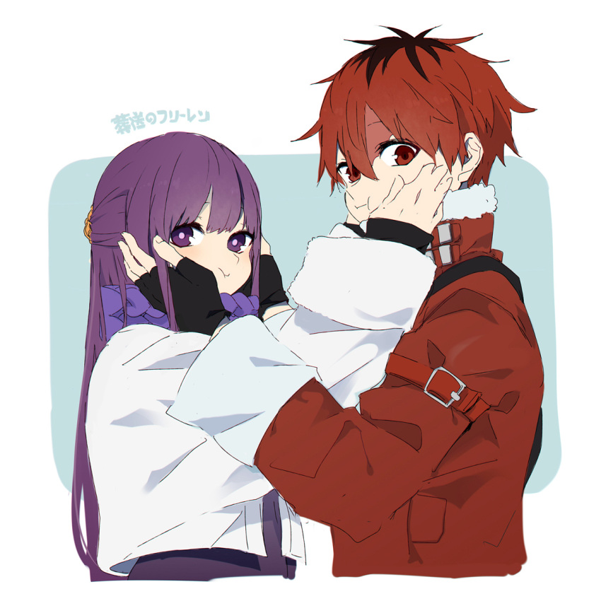 1boy 1girl coat copyright_name esu_(transc) fern_(sousou_no_frieren) hands_on_another's_cheeks hands_on_another's_face highres long_hair looking_at_viewer looking_to_the_side puffy_cheeks purple_hair red_eyes redhead scarf short_hair simple_background sousou_no_frieren stark_(sousou_no_frieren) violet_eyes