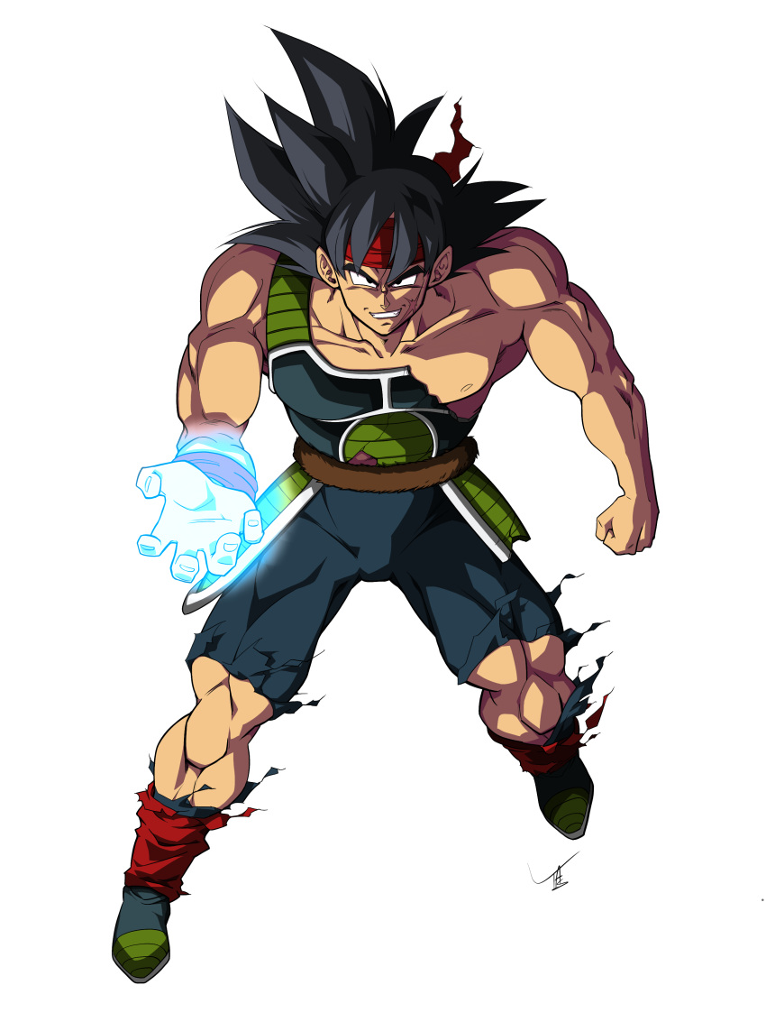 1boy absurdres armor bardock bare_shoulders black_eyes black_hair breastplate broken broken_armor collarbone crack cross_scar dragon_ball dragon_ball_z energy_ball fingernails floating grin hair_between_eyes headband highres looking_at_viewer male_focus muscular muscular_male parted_lips red_headband scar scar_on_cheek scar_on_face signature simple_background smile solo spiky_hair teeth torn torn_clothes white_background wristband yasu_(pixiv)
