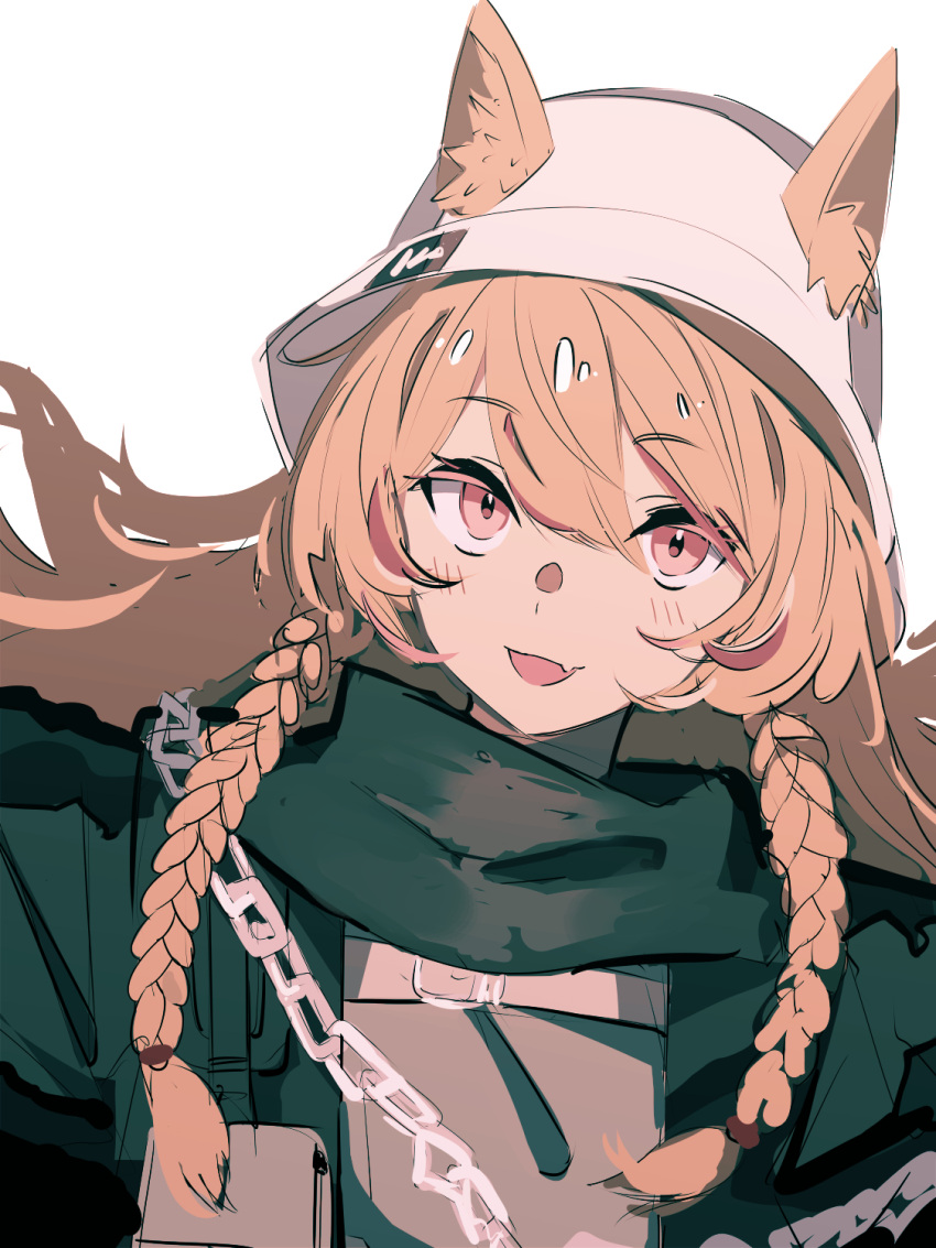 1girl animal_ears arknights black_jacket black_scarf blush braid ceobe_(arknights) ceobe_(unfettered)_(arknights) dog_ears dog_girl ears_through_headwear fang hair_between_eyes hat highres jacket light_brown_hair looking_at_viewer official_alternate_costume open_mouth red_eyes scarf shiny shiny_hair side_braids simple_background skin_fang solo tetuw upper_body white_background white_headwear