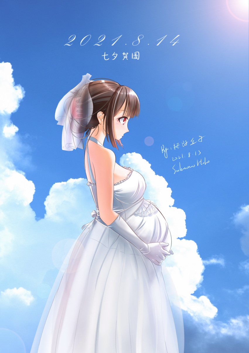 1girl absurdres big_belly breasts bridal_veil chinese_commentary clouds dated dress from_side gloves hair_behind_ear highres lens_flare light_smile medium_breasts original pregnant red_eyes sakuranohako sky solo veil wedding_dress white_gloves
