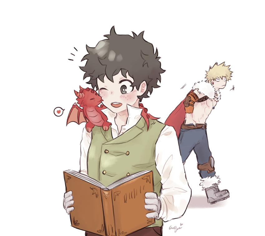 2boys alternate_eye_color alternate_hair_color aqistory bakugou_katsuki belt black_eyes black_hair blank_eyes blonde_hair blue_pants boku_no_hero_academia book boots cape closed_mouth commentary dragon dragon_on_shoulder english_commentary freckles fur-trimmed_cape fur_trim gloves green_vest heart highres holding holding_book knee_pads long_sleeves looking_at_another male_focus midoriya_izuku mini_dragon multiple_boys official_alternate_costume one_eye_closed open_mouth pants red_cape shirt short_hair simple_background spiky_hair spoken_heart standing topless_male vest white_background white_shirt