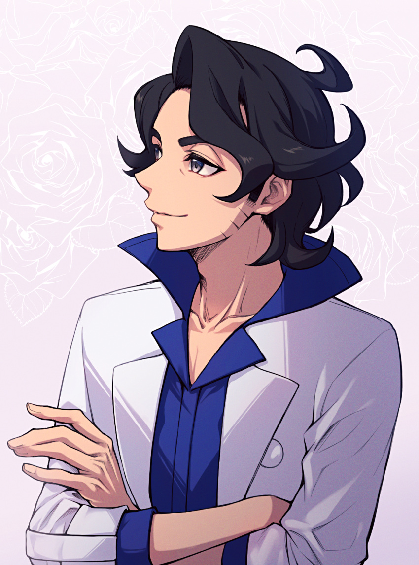 1boy augustine_sycamore black_hair blue_shirt closed_mouth coat collarbone collared_shirt commentary crossed_arms facial_hair floral_background flower gradient gradient_background grey_eyes half-closed_eyes happy highres labcoat long_sleeves maki_(letusgomaki) male_focus open_clothes open_coat pokemon pokemon_(game) pokemon_xy purple_background rose shirt short_hair sidelocks smile solo standing upper_body wavy_hair white_coat