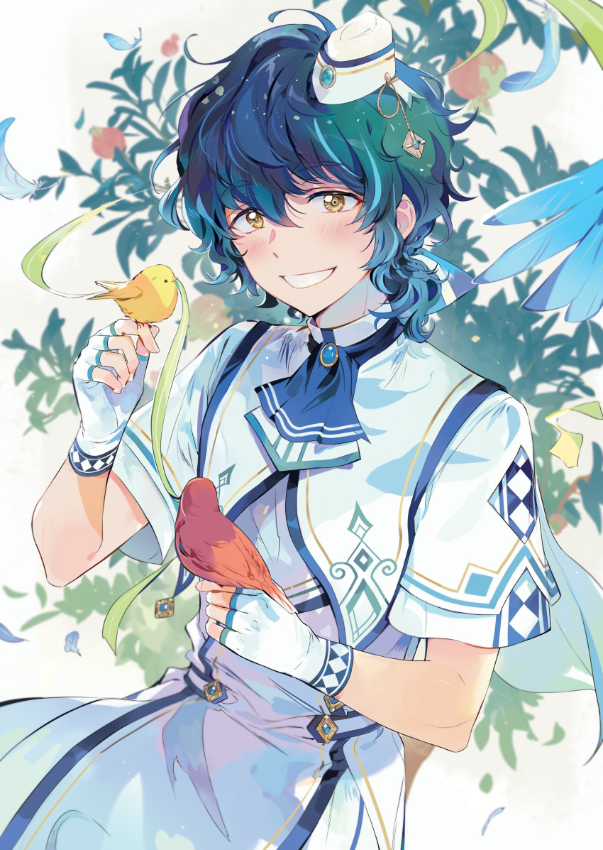 1boy :d absurdres aoba_tsumugi ascot bird bird_on_hand blue_ascot blue_feathers blue_hair blush brooch cowboy_shot cropped_jacket dark_blue_hair ensemble_stars! feathers fingerless_gloves food fruit garrison_cap gloves green_ribbon hair_between_eyes hat hat_ornament highres jacket jewelry korean_commentary kuzuvine looking_at_viewer male_focus multicolored_hair ribbon robe short_ponytail short_sleeves smile solo streaked_hair tree white_background white_gloves white_headwear white_jacket white_robe yellow_eyes
