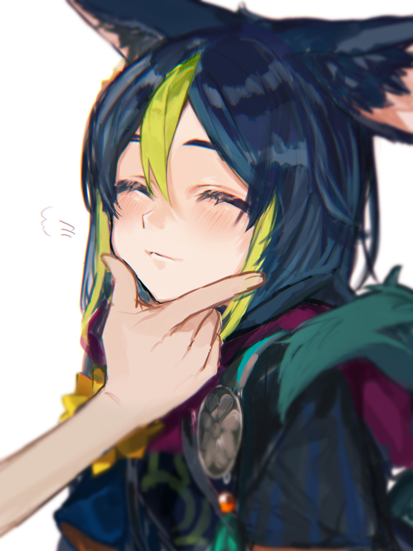 1boy 1other =3 ^_^ absurdres animal_ear_fluff animal_ears bangs black_hair blue_hair blunt_ends blush chin_on_palm_challenge closed_eyes closed_mouth commentary_request eyelashes flower fox_ears genshin_impact gradient_hair green_hair hair_between_eyes hand_on_another's_chin head_rest highres hitohitori hood hood_down hoodie male_focus medal multicolored_hair short_hair sidelocks smile solo_focus tighnari_(genshin_impact) two-tone_hair upper_body white_background yellow_flower