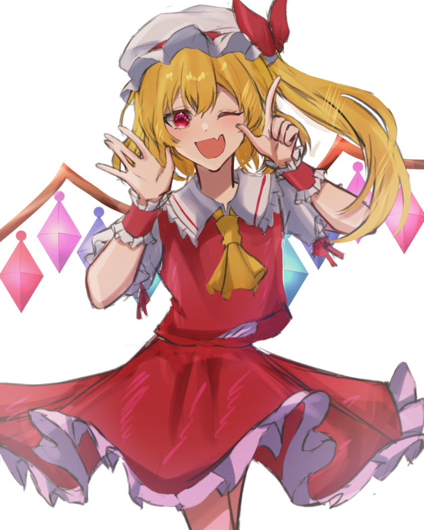 1girl ;d ascot blonde_hair collared_shirt cowboy_shot fang flandre_scarlet frilled_shirt_collar frilled_skirt frilled_sleeves frills hair_between_eyes hat hat_ribbon head_tilt highres index_finger_raised jingai_(k1bun) long_hair looking_at_viewer mob_cap multicolored_wings one_eye_closed open_mouth red_eyes red_ribbon red_skirt red_vest ribbon shirt side_ponytail simple_background skin_fang skirt skirt_set smile solo touhou vest white_background white_headwear white_shirt wings wrist_cuffs yellow_ascot