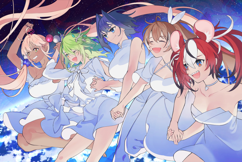 5girls alternate_costume blue_eyes blue_hair breasts brown_hair ceres_fauna closed_eyes dark-skinned_female dark_skin dress green_hair hakos_baelz highres holding_hands holocouncil hololive hololive_english large_breasts long_hair multiple_girls nanashi_mumei one_eye_closed ouro_kronii pants ponytail redhead sharp_teeth shirt since2019 sleeveless sleeveless_shirt smile strapless strapless_dress teeth tsukumo_sana twintails virtual_youtuber white_dress white_pants yellow_eyes