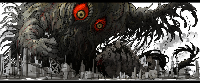 absurdres blood blood_from_mouth building city claws colored_sclera eldritch_abomination fangs godzilla godzilla:_king_of_the_monsters godzilla_(2014) godzilla_(legendary) godzilla_(series) hedorah highres kaijuu kankan33333 monochrome monster monsterverse no_humans red_sclera scales sharp_teeth size_difference sketch slime_(substance) spot_color tail teeth tentacles yellow_eyes
