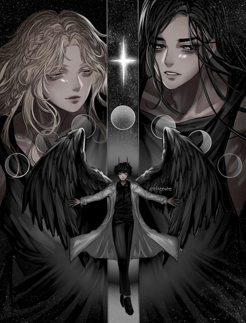 1girl 2boys artist_name black_hair black_sclera black_shirt black_wings blonde_hair braid closed_eyes collared_shirt colored_sclera crescent_moon dark_background dok-ja_kim english_commentary evie_(baoxiao) father_and_son full_body gibbous_moon grey_eyes hades_(omniscient_reader's_viewpoint) half_moon highres horns husband_and_wife jacket long_hair looking_at_another moon mother_and_son multiple_boys omniscient_reader's_viewpoint outstretched_hand parted_lips persephone_(omniscient_reader's_viewpoint) shirt short_hair smile spoilers star_(sky) star_(symbol) starry_background white_jacket wings