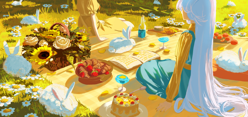 2girls absurdres alternate_costume alternate_hair_color aqua_skirt aqua_vest blanket book cake cheese cherry croissant deer_va6 dress flower food from_side fruit glass glass_bottle grass head_out_of_frame highres inaba_tewi long_hair long_skirt looking_at_another multiple_girls open_book outdoors picnic puffy_short_sleeves puffy_sleeves rabbit reisen_udongein_inaba shirt short_sleeves sitting skirt skirt_set strawberry sunflower touhou twilight very_long_hair white_flower white_fur white_hair yellow_dress yellow_flower yellow_shirt