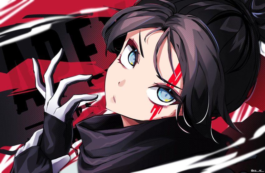 1girl animification apex_legends bangs black_gloves black_hair black_scarf blood blood_on_face blue_eyes coni_(co_ni_) from_side gloves hair_bun head_tilt highres open_hand parted_bangs parted_lips portrait red_background scarf solo v-shaped_eyebrows wraith_(apex_legends)