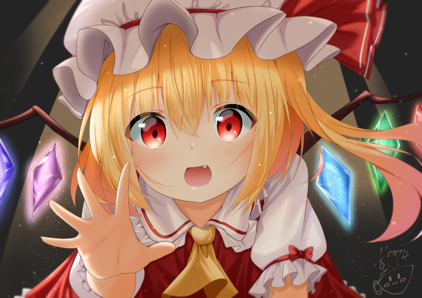 1girl absurdres ascot blonde_hair blush collared_shirt commentary_request crystal fang flandre_scarlet frilled_shirt_collar frilled_skirt frilled_sleeves frills glowing glowing_wings hair_between_eyes hat hat_ribbon highres looking_at_viewer medium_hair mob_cap multicolored_wings open_mouth outstretched_arm outstretched_hand puffy_short_sleeves puffy_sleeves red_eyes red_ribbon red_skirt red_vest rense_1010_(number_nanashi) ribbon shirt short_sleeves side_ponytail skirt skirt_set solo touhou upper_body vest white_headwear white_shirt wings yellow_ascot
