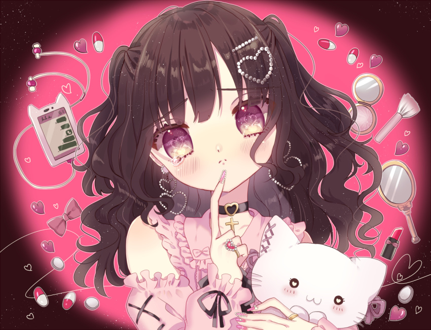 1girl blush_stickers brown_hair cellphone choker clothing_cutout collared_shirt compact_(cosmetics) cosmetics cross cross-laced_clothes cross_necklace earphones earrings frown gradient_eyes hair_ornament hand_mirror heart heart-shaped_pupils heart_earrings holding holding_stuffed_toy ichigomusume jewelry jirai_kei lipstick_tube looking_at_viewer makeup_brush mirror multicolored_eyes nail_art nail_polish necklace original phone pill pink_background pink_eyes pink_nails pink_shirt pink_theme ring shirt smartphone solo stuffed_toy symbol-shaped_pupils two_side_up yellow_eyes