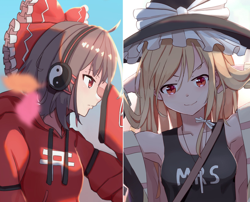 2girls ahoge alternate_costume arms_behind_head black_tank_top blonde_hair blue_background blurry blush bow brown_hair depth_of_field drawstring frilled_bow frills from_side hair_bow hakurei_reimu hat head_rest headphones highres hood hoodie jewelry kirisame_marisa long_hair long_sleeves multiple_girls necklace off_shoulder red_bow red_eyes smile tank_top touhou upper_body vanilla_flan white_background witch_hat yin_yang