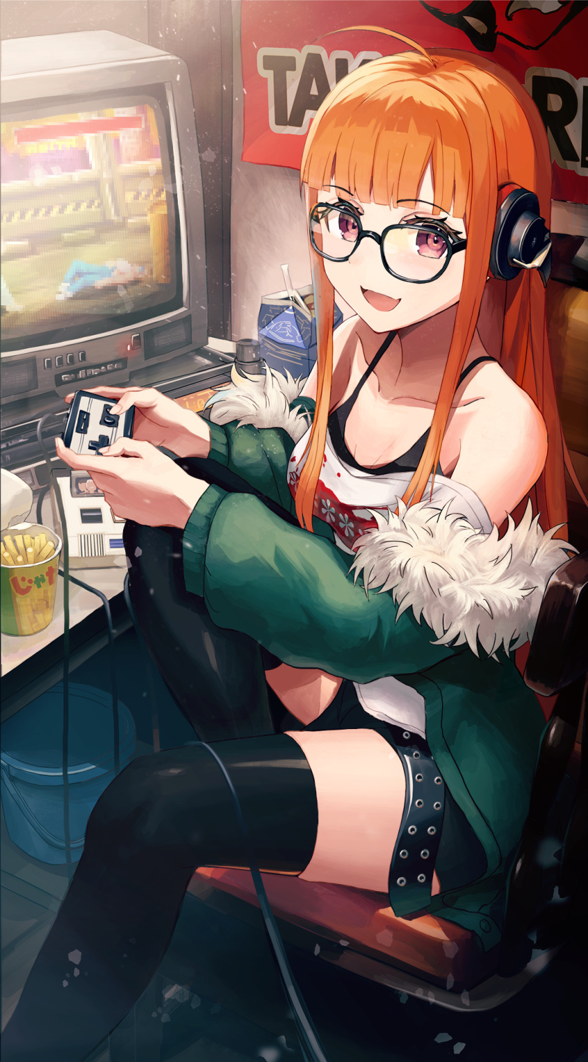 1girl :d ahoge bangs bare_shoulders belt black_belt black_camisole black_shorts black_thighhighs blunt_bangs breasts camisole chair collarbone controller desk drink fur-trimmed_jacket fur_trim game_console game_controller glasses green_jacket gyzett headphones highres holding holding_controller jacket long_hair looking_at_viewer off-shoulder_shirt off_shoulder orange_hair persona persona_5 playing_games poster_(object) sakura_futaba shirt short_shorts shorts sidelocks sitting small_breasts smile snack solo television thigh-highs video_game violet_eyes white_shirt wire