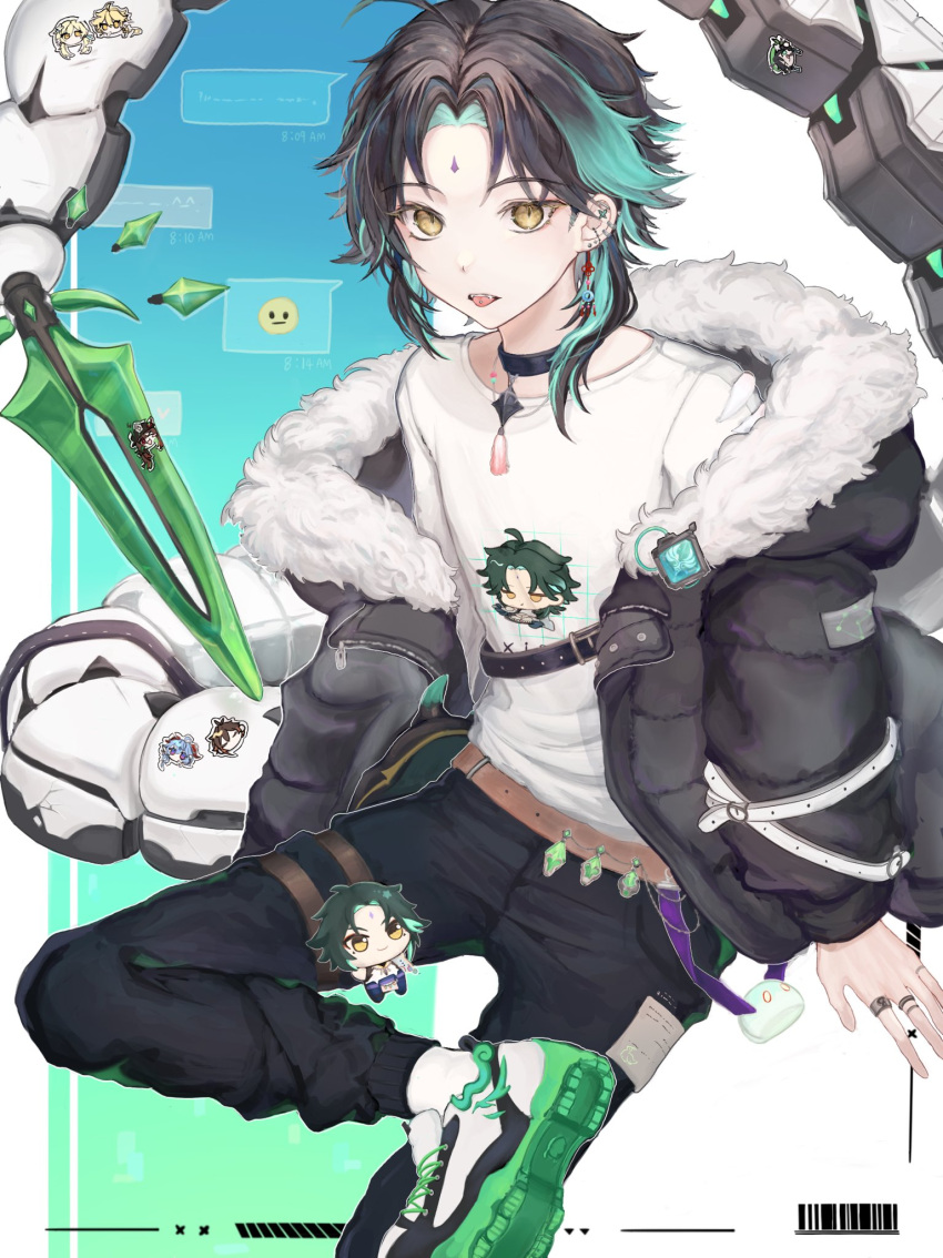 1boy aether_(genshin_impact) ahoge aqua_hair bangs barcode belt black_choker black_hair black_jacket black_pants brown_belt chat_log chibi choker commentary crossed_legs ear_piercing earrings emoji eyelashes eyeshadow facial_mark fangs forehead_mark fur-trimmed_hood fur-trimmed_jacket fur_trim ganyu_(genshin_impact) gem genshin_impact green_background green_footwear highres hood hood_down hooded_jacket hu_tao_(genshin_impact) jacket jewelry korean_commentary long_sleeves looking_at_viewer lumine_(genshin_impact) makeup male_focus multicolored_hair multiple_rings off_shoulder open_clothes open_jacket open_mouth pants parted_bangs piercing polearm primordial_jade_winged-spear_(genshin_impact) print_shirt purple_ribbon red_eyeshadow ribbon ring shirt shoes short_hair short_hair_with_long_locks sidelocks single_earring slime_(genshin_impact) sneakers solo sticker streaked_hair tassel tassel_choker teeth tongue tongue_out tongue_piercing toqha3247 two-tone_background upper_teeth venti_(genshin_impact) vision_(genshin_impact) weapon white_background white_footwear white_shirt xiao_(genshin_impact) yellow_eyes zhongli_(genshin_impact) zipper zipper_pull_tab