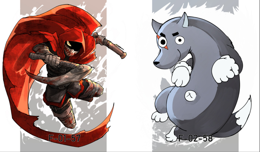 big_and_will_be_bad_wolf cape chibi gun highres holding holding_gun holding_scythe holding_weapon hood hood_up hooded_cape jumping kankan33333 little_red_riding_hooded_mercenary lobotomy_corporation looking_at_viewer musket project_moon red_cape red_hood scythe sharp_teeth smile spoilers teeth weapon wolf