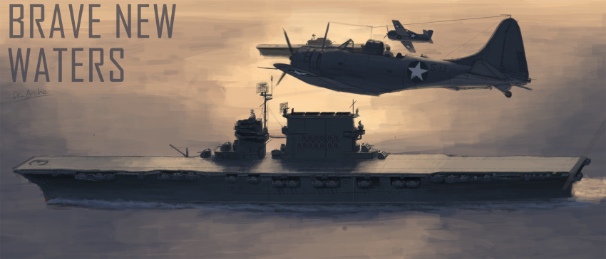 absurdres aircraft aircraft_carrier airplane antenna_mast artist_name dr-arche english_text f4f_wildcat flight_deck highres historical_event military military_vehicle mixed-language_commentary navy no_humans ocean original propeller roundel sbd_dauntless ship star_(symbol) united_states_navy uss_enterprise_(cv-6) uss_saratoga_(cv-3) warship water watercraft world_war_ii