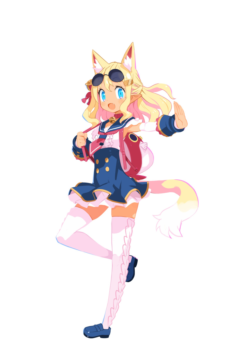 1girl absurdres animal_ear_fluff animal_ears backpack bag blonde_hair blue_eyes blue_footwear blue_skirt coin detached_sleeves disgaea dog_ears dog_girl dog_tail extra_ears fang full_body gold hair_ornament high-waist_skirt highres koban_(gold) loafers makai_senki_disgaea_7 nagano_tsukasa neckerchief open_mouth outstretched_arm photoshop_(medium) pointy_ears shoes simple_background skirt solo strap_pull tail thigh-highs white_background white_thighhighs zettai_ryouiki