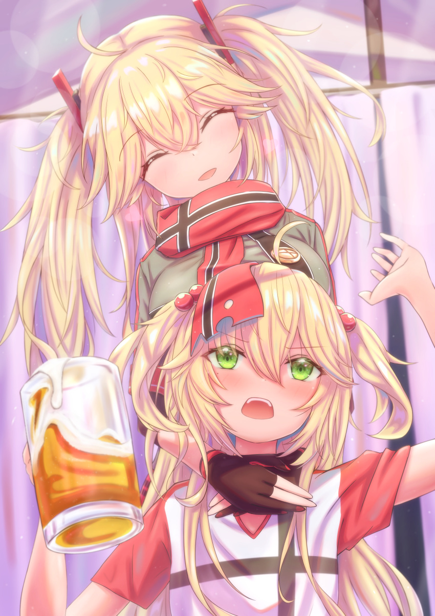 2girls absurdres admiral_hipper_(azur_lane) ahoge alcohol arms_up azur_lane bangs beer beer_mug black_gloves blonde_hair bluecher_(azur_lane) blush breasts casual closed_eyes commentary_request cross_print cup elbow_sleeve gloves green_eyes grey_shirt hair_between_eyes head_tilt highres holding holding_cup indoors large_breasts long_hair looking_up mole mole_under_eye mug multiple_girls open_mouth partial_commentary partially_fingerless_gloves plaid plaid_skirt red_scarf red_skirt red_sleeves scarf shirt short_sleeves sidelocks skirt smile standing t-shirt teeth twintails two_side_up upper_body upper_teeth white_shirt zusshii_(libertasgenesis)