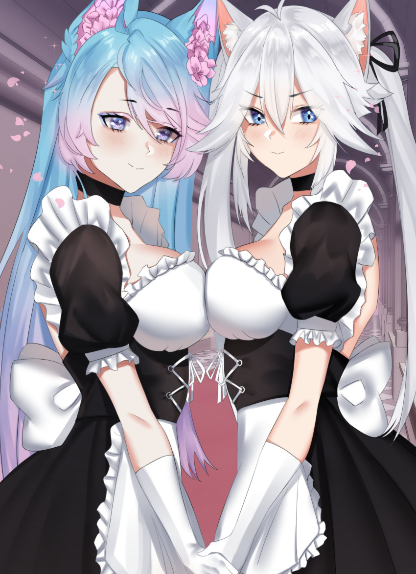 2girls absurdres ahoge animal_ear_fluff animal_ears apron asymmetrical_docking backless_outfit black_choker blue_eyes blue_hair blush breast_press breasts choker commentary elbow_gloves english_commentary eyes_visible_through_hair flower-shaped_pupils gloves highres holding_hands large_breasts long_hair looking_at_viewer lulanoon maid maid_apron multicolored_hair multiple_girls pink_hair silvervale streaked_hair symbol-shaped_pupils symmetrical_docking twintails vei_(vtuber) virtual_youtuber vshojo white_gloves white_hair