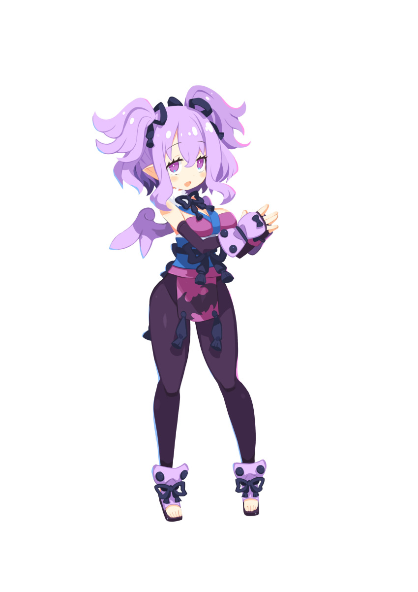 1girl absurdres bangs blush breasts bright_pupils disgaea elbow_gloves fang full_body gloves harada_takehito highres large_breasts long_hair makai_senki_disgaea_7 official_art open_mouth pelvic_curtain photoshop_(medium) pointy_ears purple_hair purple_wings sandals simple_background solo standing toeless_footwear two_side_up violet_eyes white_background wings