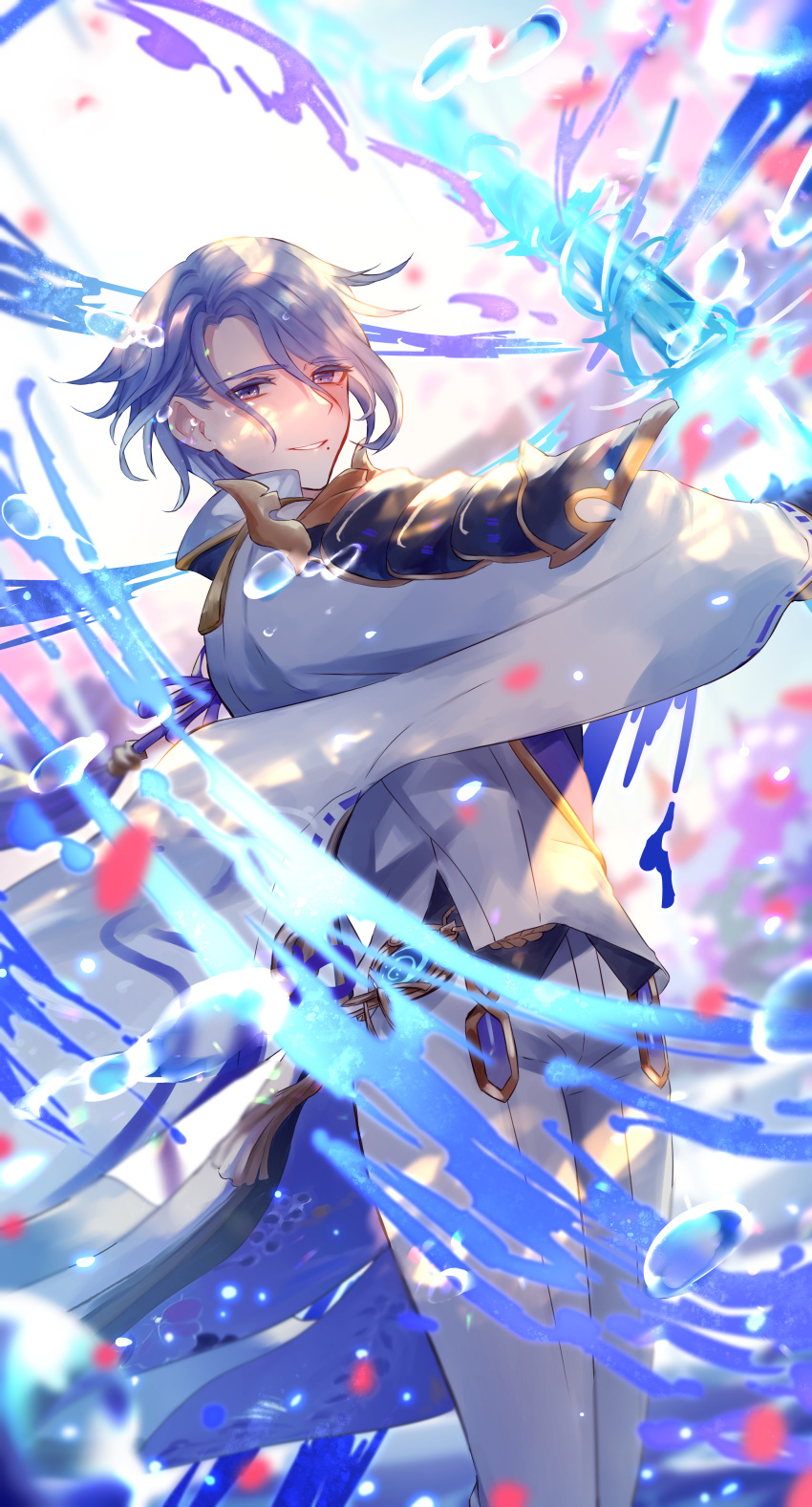 1boy absurdres arm_up armor bangs black_gloves bloom blue_hair blurry blurry_background blurry_foreground commentary depth_of_field genshin_impact gloves gold_trim hair_between_eyes highres holding holding_sword holding_weapon jacket japanese_armor japanese_clothes kamisato_ayato kuro_(skmy3278) liquid_weapon long_sleeves looking_at_viewer male_focus mole mole_under_mouth pants parted_bangs parted_lips short_hair shoulder_armor sidelocks smile sode solo standing swept_bangs sword tassel violet_eyes vision_(genshin_impact) water water_drop weapon white_jacket white_pants wide_sleeves