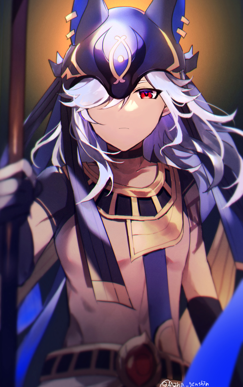 1boy absurdres animal_ears animal_hat azna bangs black_choker black_gloves choker closed_mouth cyno_(genshin_impact) dark-skinned_male dark_skin egyptian_clothes genshin_impact gloves grey_hair hair_between_eyes hair_over_one_eye hat highres holding holding_polearm holding_weapon jackal_ears long_hair looking_at_viewer male_focus polearm red_eyes simple_background solo twitter_username upper_body very_long_hair weapon
