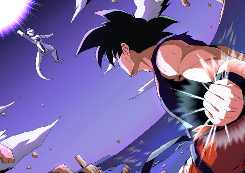 2boys black_hair blue_shirt clenched_hand clouds colored_skin dragon_ball dragon_ball_z energy_ball fighting floating_rock frieza haruhisky looking_at_another multiple_boys namek ocean orange_pants pants rock shirt sky son_goku spiky_hair tail torn_clothes torn_shirt white_skin wristband