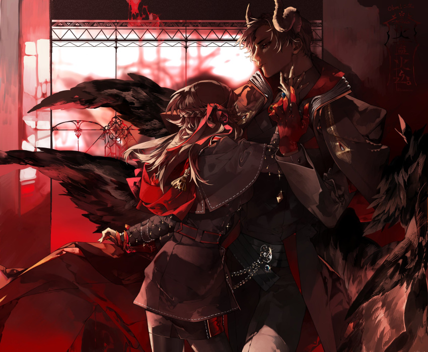 1boy 1girl black_hair black_shirt black_suit black_wings capelet chain commentary cowboy_shot curled_horns demon_boy demon_horns formal gloves hand_on_another's_neck highres horns jacket jacket_on_shoulders jewelry kazanniro long_hair lucifer_(obey_me!) multiple_wings obey_me!:_one_master_to_rule_them_all! original pantyhose red_eyes red_gloves red_ribbon red_theme ribbon shirt short_hair signature skirt suit window wings