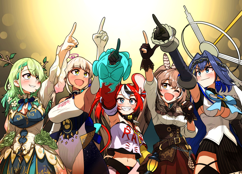 5girls :d ;d ahoge animal_ears anniversary bangs belt black_hair blue_eyes blue_hair blue_leotard blue_ribbon blurry bokeh braid braided_bangs brown_capelet brown_cloak brown_eyes brown_hair capelet ceres_fauna cloak clothing_cutout commentary_request crop_top dagger dark-skinned_female dark_skin ddolbang depth_of_field detached_sleeves dress english_commentary feather_hair_ornament feathers flower gloves green_hair grin hair_flower hair_intakes hair_ornament hair_over_one_eye hairclip hakos_baelz halter_top halterneck head_chain highres holocouncil hololive hololive_english knife korean_commentary lantern leotard limiter_(tsukumo_sana) long_hair mechanical_halo mixed-language_commentary mole mole_under_eye mouse_ears mouse_tail multicolored_hair multiple_girls nanashi_mumei one_eye_closed ouro_kronii partially_fingerless_gloves pinstripe_pattern pleated_skirt pointing pointing_up ponytail pouch red_skirt redhead ribbon sailor_collar sharp_teeth shirt short_hair skirt smile streaked_hair striped tail teeth tsukumo_sana turtleneck underboob_cutout very_long_hair virtual_youtuber weapon white_hair white_shirt