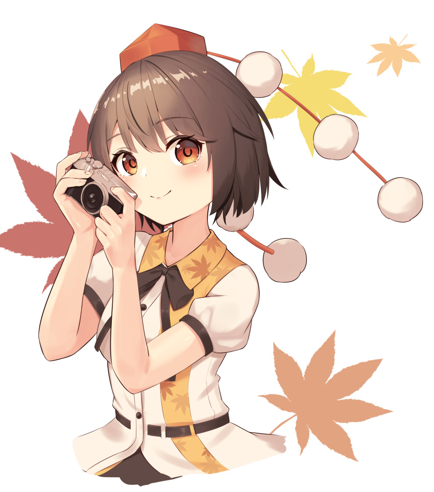 1girl absurdres autumn_leaves bangs black_bow black_bowtie black_skirt blush bow bowtie breasts brown_hair buttons camera closed_mouth collared_shirt commentary_request eyes_visible_through_hair fingernails hair_between_eyes hands_up hat highres leaf leaf_print looking_at_viewer medium_breasts pom_pom_(clothes) puffy_short_sleeves puffy_sleeves quasar631 red_headwear shameimaru_aya shirt short_hair short_sleeves simple_background skirt smile solo tokin_hat touhou white_background white_shirt