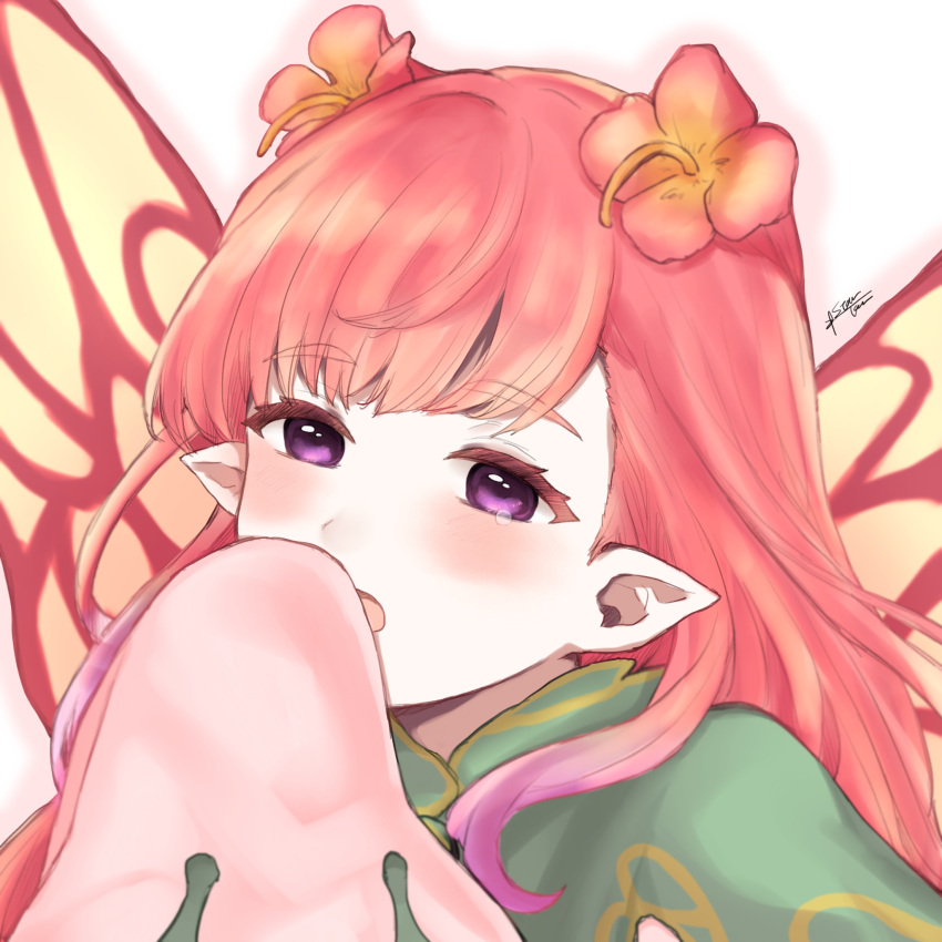 1girl bangs blunt_bangs fairy fairy_wings fire_emblem fire_emblem_heroes highres long_hair long_sleeves looking_at_viewer mirabilis_(fire_emblem) misato_hao pink_hair pointy_ears signature sleeves_past_fingers sleeves_past_wrists solo teardrop upper_body violet_eyes white_background wings yawning