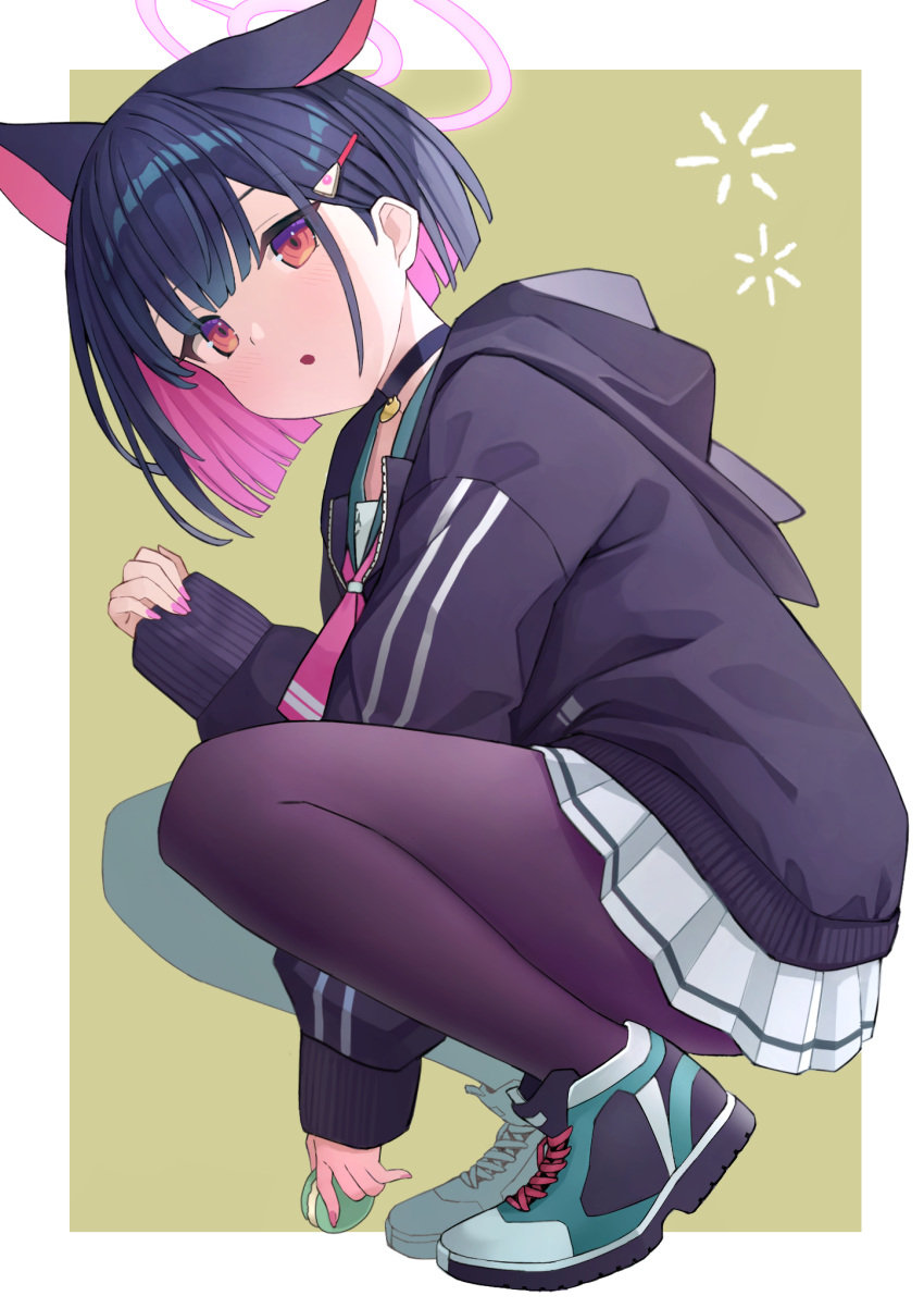 1girl animal_ears bangs black_hair black_hoodie black_pantyhose blue_archive blush cat_ears choker colored_inner_hair food full_body hair_ornament hairclip halo highres holding holding_food hood hood_down hoodie kazusa_(blue_archive) long_sleeves looking_at_viewer macaron multicolored_hair nomio pantyhose pleated_skirt red_eyes sailor_collar short_sleeves skirt solo squatting