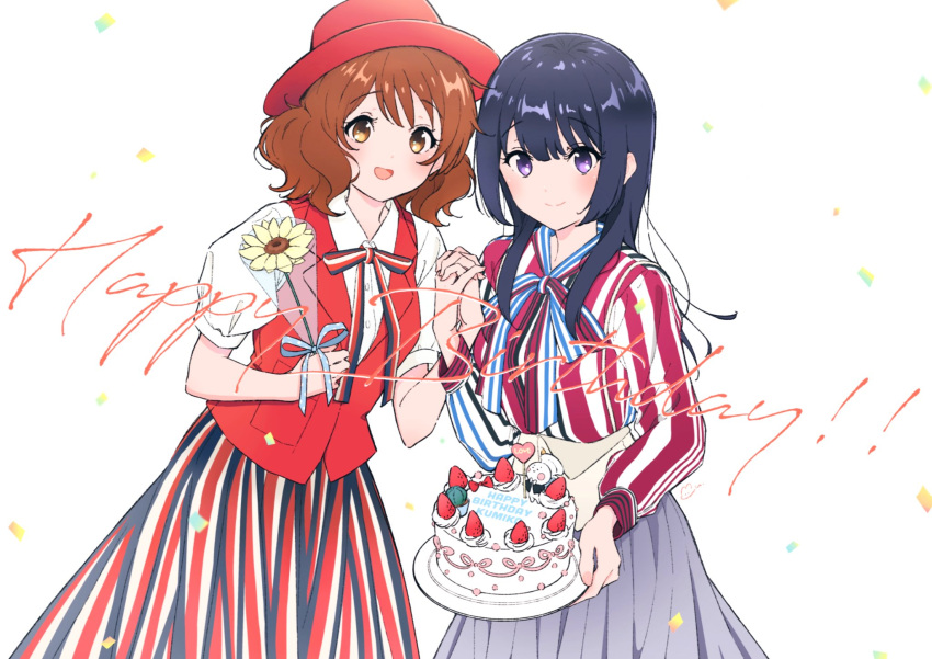 2girls amayadori_uki bangs birthday_cake blue_skirt blush brown_hair cake closed_mouth collared_shirt flower food hand_up happy_birthday hat hibike!_euphonium highres holding holding_cake holding_flower holding_food holding_hands kousaka_reina long_hair long_sleeves looking_at_viewer multiple_girls open_mouth oumae_kumiko pleated_skirt purple_hair red_headwear red_vest shirt short_hair short_sleeves skirt smile standing striped striped_shirt striped_skirt vest white_shirt yellow_flower