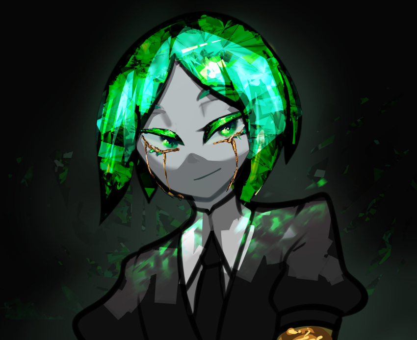 1other black_necktie centurii-chan_(artist) closed_mouth colored_eyelashes commentary crying crying_with_eyes_open crystal_hair english_commentary gem_uniform_(houseki_no_kuni) green_eyes green_hair highres houseki_no_kuni looking_at_viewer necktie phosphophyllite short_hair smile solo tears