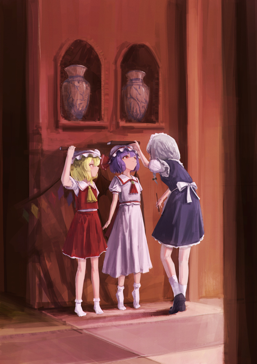 3girls absurdres apron ascot bat_wings black_footwear blonde_hair blue_dress book bow braid breasts cheating_(competitive) closed_mouth collared_shirt crystal dress flandre_scarlet flat_chest frilled_shirt_collar frilled_socks frills grey_hair hair_between_eyes hat hat_ribbon height_difference highres holding holding_book holding_pen indoors izayoi_sakuya leaning_forward long_skirt looking_at_another maid_headdress measuring medium_breasts medium_hair mob_cap multiple_girls nepperoni nib_pen_(object) pen puffy_short_sleeves puffy_sleeves purple_hair red_ascot red_bow red_eyes red_ribbon red_skirt red_vest remilia_scarlet ribbon shirt short_hair short_sleeves skirt skirt_set socks tiptoes touhou vase vest waist_apron waist_bow wall white_apron white_bow white_headwear white_shirt white_skirt white_socks wings yellow_ascot