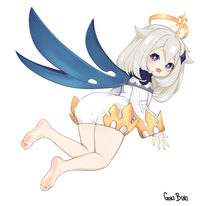 1girl absurdres barefoot blue_eyes breasts feet flying genshin_impact goki_buri hair_horns hair_ornament halo highres paimon_(genshin_impact) short_hair small_breasts smile soles solo toes white_background white_hair wings