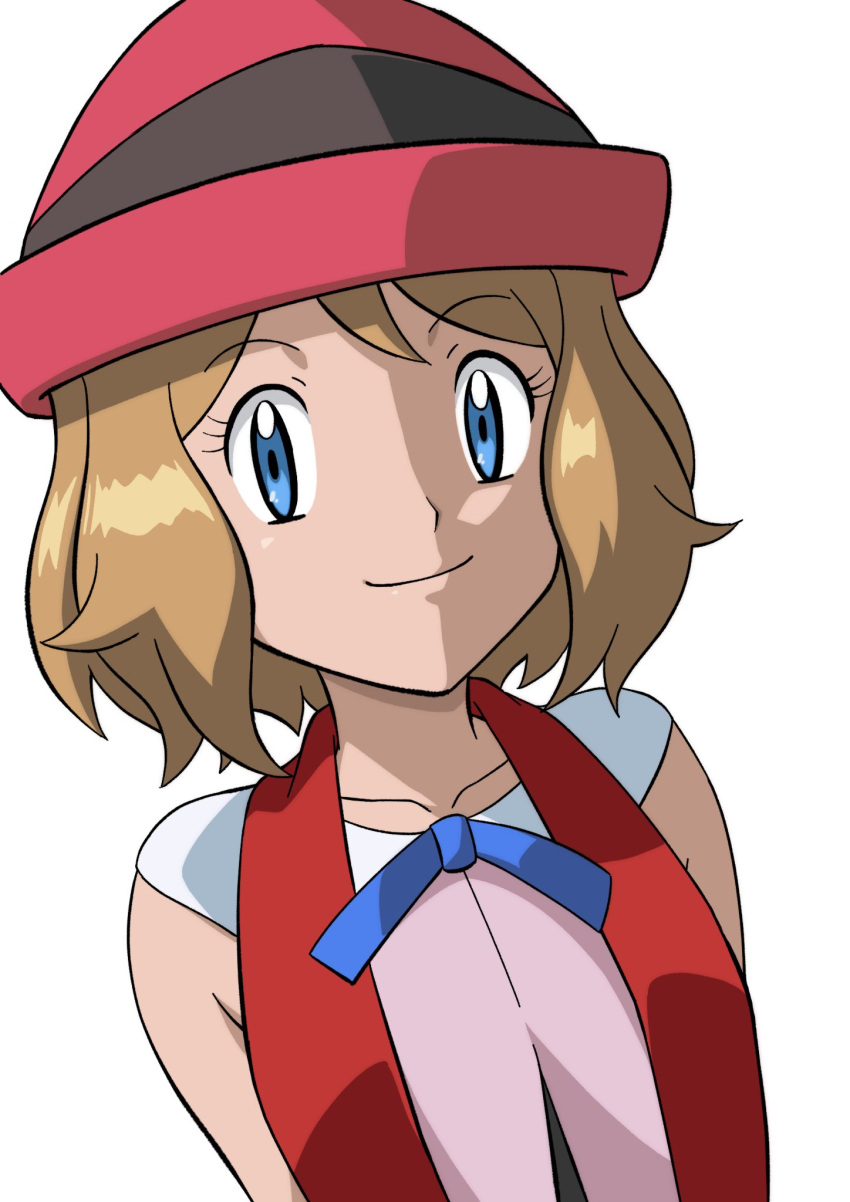 1girl bangs bare_arms blonde_hair blue_eyes blue_ribbon closed_mouth collarbone commentary eyelashes hat highres ia_(ilwmael9) looking_at_viewer medium_hair neck_ribbon pink_headwear pokemon pokemon_(anime) pokemon_xy_(anime) ribbon serena_(pokemon) simple_background smile solo upper_body white_background
