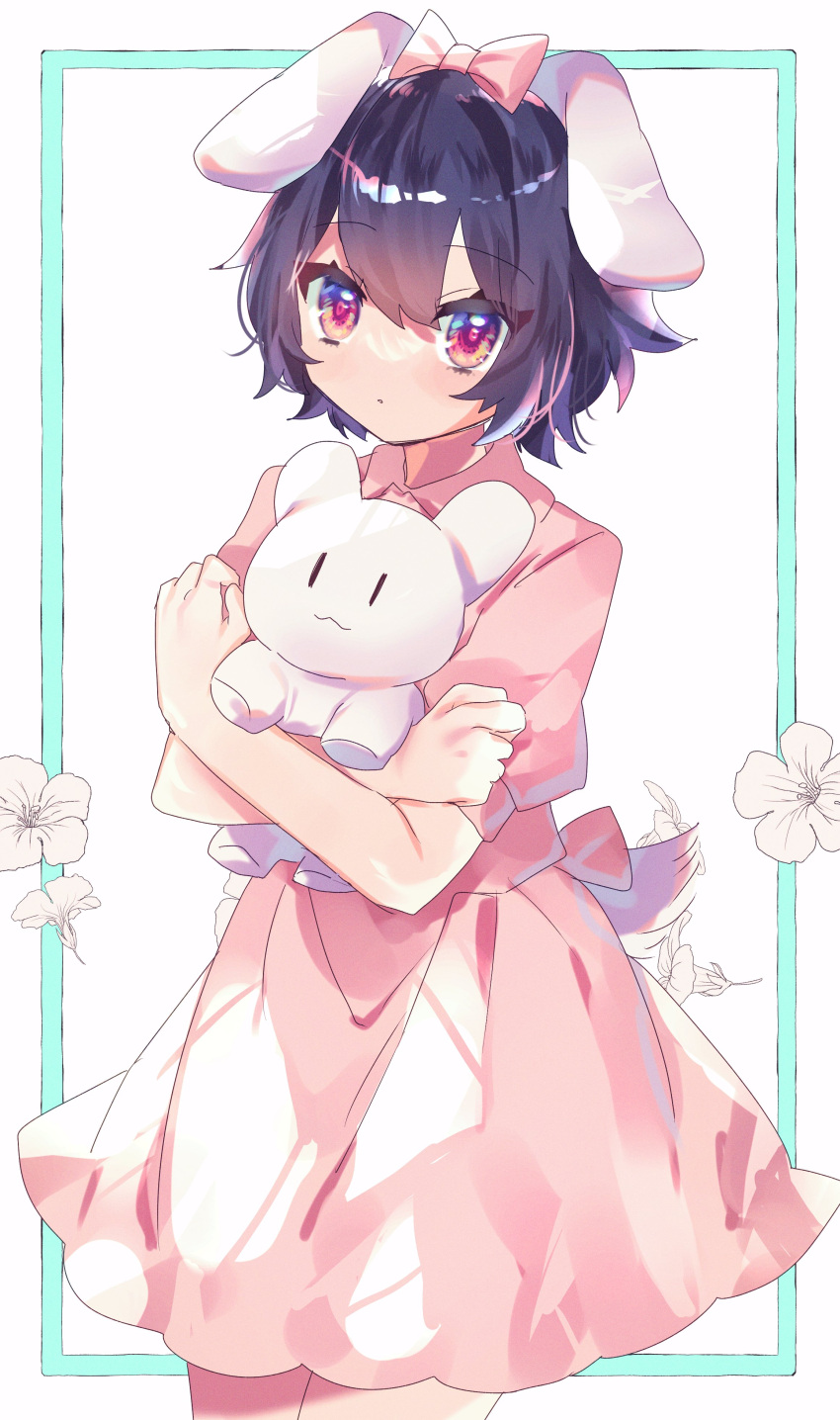 1girl absurdres animal_ears bangs black_hair blue_eyes bow collared_dress commentary_request cowboy_shot dot_mouth dress floppy_ears flower gradient_eyes hair_bow haruwaka_064 highres holding inaba_mob_(touhou) inaba_tewi looking_at_viewer multicolored_eyes one-hour_drawing_challenge pink_bow pink_dress puffy_short_sleeves puffy_sleeves rabbit_ears rabbit_girl rabbit_tail short_hair short_sleeves solo tail touhou violet_eyes white_flower