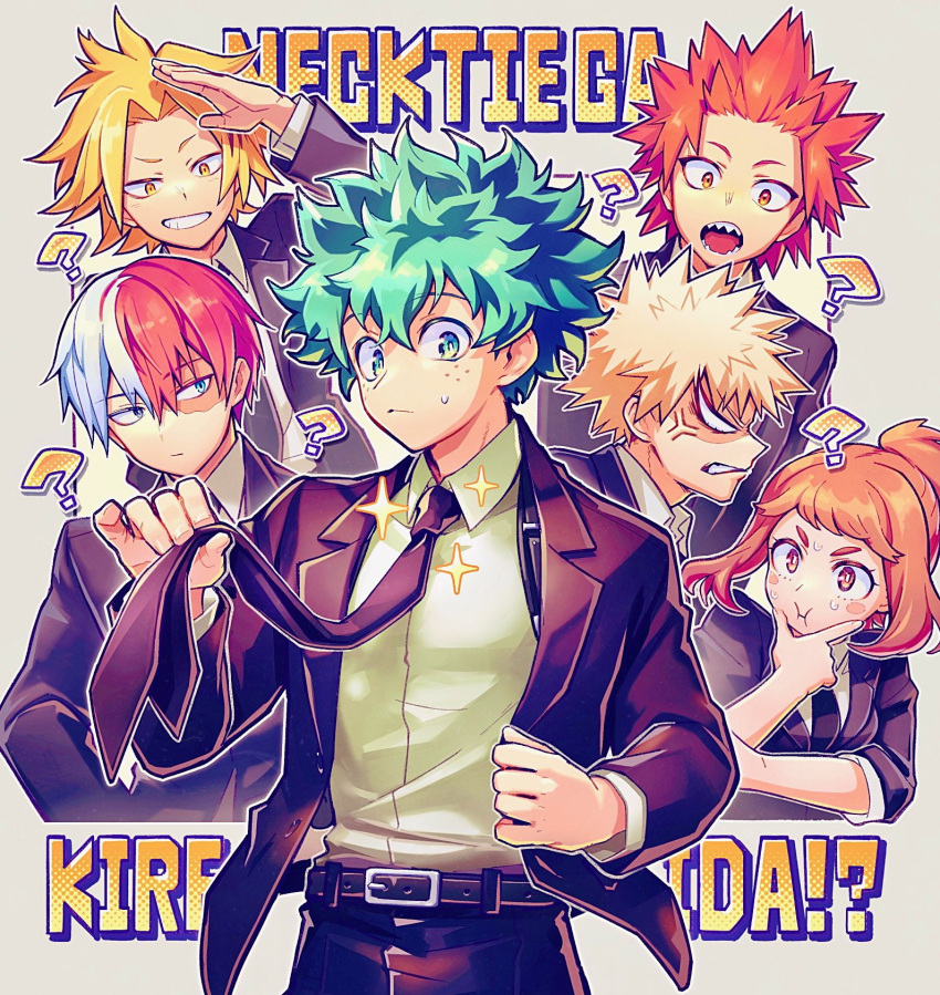 1girl 5boys ? anger_vein angry annoyed bakugou_katsuki blonde_hair boku_no_hero_academia brown_eyes brown_hair burn_scar business_suit character_request clenched_teeth commentary_request english_text fangs formal freckles frown furious glaring green_eyes green_hair heterochromia highres looking_at_another looking_at_viewer mecyo_(mamezurushiki) midoriya_izuku multicolored_hair multiple_boys necktie open_mouth red_eyes redhead scar scar_on_face short_hair simple_background smile sparkle spiky_hair split-color_hair suit teeth todoroki_shouto two-tone_hair uraraka_ochako v-shaped_eyebrows white_hair yellow_eyes