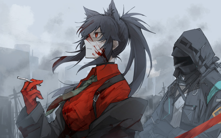 1girl 1other animal_ears arknights belt black_necktie blood blood_on_face blood_splatter cigarette commission doctor_(arknights) gloves holding holding_cigarette kankan33333 looking_afar necktie parted_lips ponytail red_gloves red_shirt shirt skeb_commission smoke smoke_trail smoking suspenders texas_(arknights) texas_(willpower)_(arknights) upper_body utility_pole wolf_ears