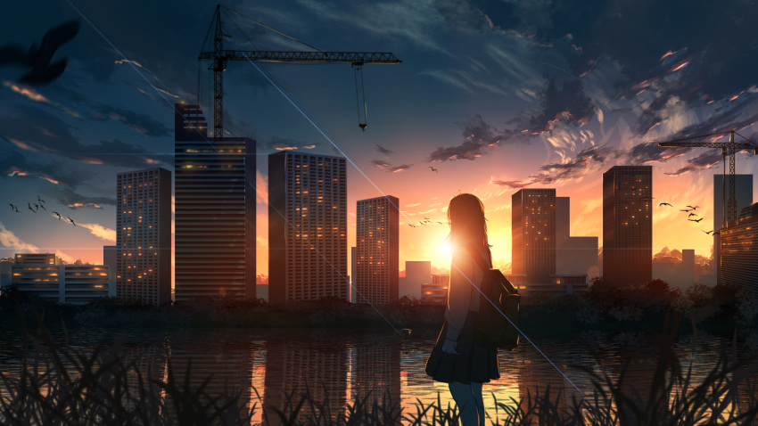 1girl asaka_fuyutoshi backpack bag bird black_hair black_skirt building chinese_commentary city cityscape clouds commentary_request crane_(machine) grass highres long_hair long_sleeves original reflection river scenery school_uniform shirt skirt skyscraper solo sunset water white_shirt