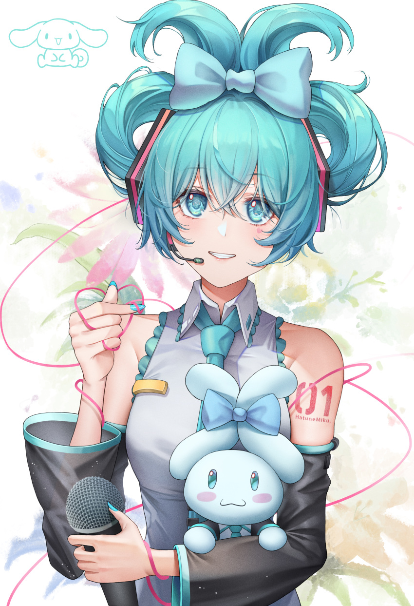 1girl :3 absurdres alternate_hairstyle aqua_bow aqua_eyes aqua_hair aqua_nails aqua_necktie arm_tattoo bangs bare_shoulders black_sleeves blush blush_stickers borrowed_hairstyle bow character_name cinnamiku cinnamoroll collared_shirt crossed_bangs detached_sleeves ear_bow facial_tattoo folded_twintails frilled_shirt frills grin hair_between_eyes hair_bow hair_up hatsune_miku headset heart heart_tattoo highres holding holding_microphone long_sleeves looking_at_viewer microphone nail_polish necktie number_tattoo parted_lips sanrio shirt sleeveless sleeveless_shirt smile solo string tattoo teeth updo upper_body vocaloid wide_sleeves yf_(hbyg)