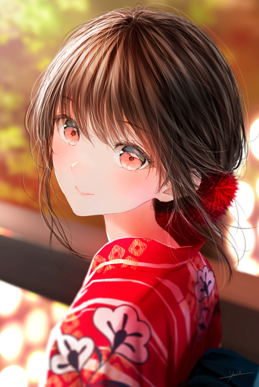 1girl bangs blurry blurry_background blush brown_hair collared_shirt hair_ornament highres light_rays looking_at_viewer looking_back ojay_tkym original print_shirt red_eyes red_shirt shadow shirt short_hair signature smile solo sunlight tree upper_body